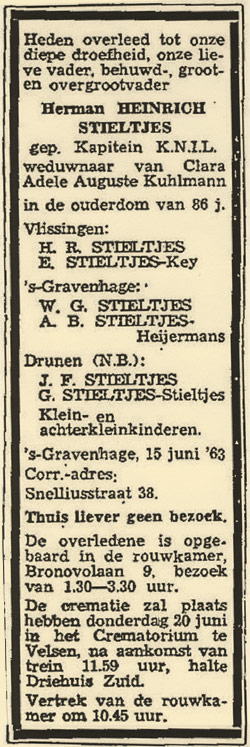 Overlijdensadvertentie Herman Heinrich Stieltjes
