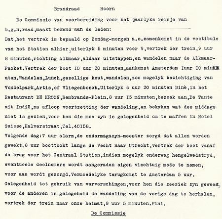 Programma uitje Brandraad Hoorn, 1927